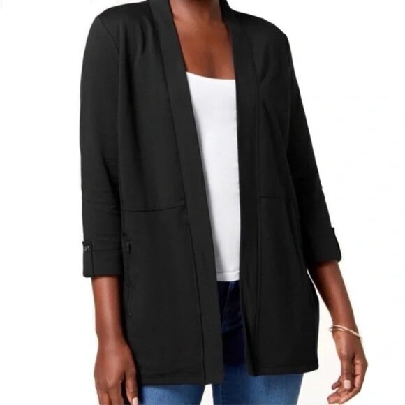 Karen Scott Sport Cardigan Size Large Open Front Quarter Sleeve Relaxed Black - Picture 1 of 7